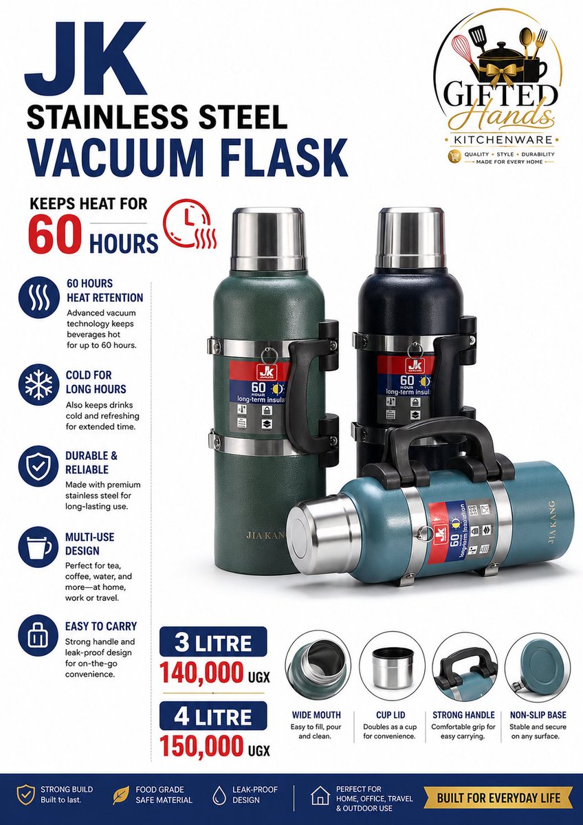 GIFTEDHANDSCLUB's tweet photo. *JK Stainless Steel Vacuum Flask by Gifted Hands Kitchenware*

*Main sell*: Keeps drinks hot for 60 hours or cold for long hours using vacuum tech.

*Options*:
- *3 Litre* — 140,000 UGX
- *4 Litre* — 150,000 UGX

Built for everyday use with food-grade safe material. #jk #flask https://t.co/edhLDAvFPI