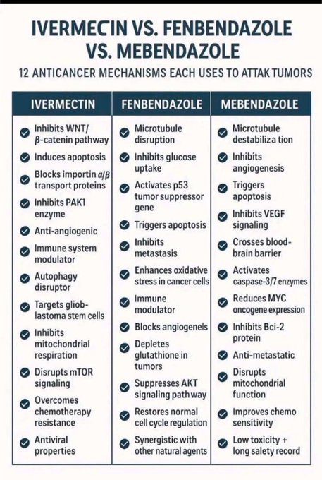 IvermectinMD's tweet photo. 🚨🚨 They've been hiding this from you...
Each of these substances could operate through several distinct mechanisms and attack cancer on multiple fronts simultaneously...
📌📌 Ivermectin vs. Fenbendazole vs. Mebendazole...
12 powerful anticancer mechanisms that each one uses to target tumors...
These drugs were originally designed to fight parasites, but research and real-world use have shown they do much more... Each one attacks cancer on multiple biological fronts, helping to halt tumor growth, deprive cancer cells of energy, boost the immune system, and much more...
Breakdown of how each one works:
✅ IVERMECTIN – 12 Known Anticancer Actions
1. Inhibits the WNT/β-catenin pathway – stops cancer cell proliferation
2. Induces apoptosis – triggers programmed death of cancer cells
3. Blocks importin α/β transport proteins – prevents cancer cell replication
4. Inhibits the PAK1 enzyme – reduces inflammation and tumor progression
5. Anti-angiogenic – stops the formation of new blood vessels in tumors
6. Immune system modulator – improves recognition of cancer cells
7. Autophagy disruptor – interferes with cancer cells' survival strategies
8. Targets glioblastoma stem cells – effective in brain cancers
9. Inhibits mitochondrial respiration – cuts off energy supply to tumors
10. Disrupts mTOR signaling – slows cell growth
11. Overcomes chemotherapy resistance – makes chemo more effective
12. Antiviral properties – potentially useful for virus-related cancers (like HPV)
✅ FENBENDAZOLE – 12 Known Anticancer Actions
1. Microtubule disruption – prevents cancer cells from dividing
2. Inhibits glucose uptake – starves cancer cells of energy
3. Activates the p53 tumor suppressor gene – helps kill damaged cells
4. Triggers apoptosis (cell death) – particularly in lung, colon, and prostate cancer
5. Inhibits metastasis – prevents cancer spread
6. Enhances oxidative stress in cancer cells – makes them more vulnerable
7. Immune modulator – may help the immune system attack tumors
8. Blocks angiogenesis – stops tumors from building blood supply
9. Depletes glutathione in tumors – weakens their defenses
10. Suppresses AKT signaling pathway – involved in cell survival
11. Restores normal cell cycle regulation – prevents uncontrolled growth
12. Synergistic with other natural agents (e.g., CBD, curcumin, vitamin D)
✅ MEBENDAZOLE – 12 Known Anticancer Actions
1. Microtubule destabilization – similar to fenbendazole
2. Inhibits angiogenesis – blocks growth of new blood vessels
3. Activates apoptosis – causes death of cancer cells
4. Inhibits VEGF signaling – blocks tumor blood supply signals
5. Crosses the blood-brain barrier – useful for brain cancers
6. Activates caspase-3/7 enzymes – involved in programmed cell death
7. Reduces MYC oncogene expression – slows tumor growth
8. Inhibits Bcl-2 protein – reduces cancer cell survival
9. Anti-metastatic – reduces cancer spread
10. Disrupts mitochondrial function – energy production in tumor cells fails
11. Improves chemo sensitivity – helps standard treatments work better
12. Low toxicity + long safety track record – used in humans for decades
🌱 Each of these drugs attacks cancer through different biological pathways.
