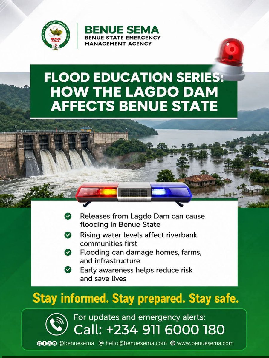 SemaBenue's tweet photo. FLOOD ALERT – BENUE STATE 
Rainy season raises flood risk in Benue. Govt is building drains and sensitizing, but families must prepare too.
Stay Safe: Know evacuation routes, pack an emergency bag, waterproof documents, save contacts, and heed warnings. https://t.co/xqOag2oUpJ