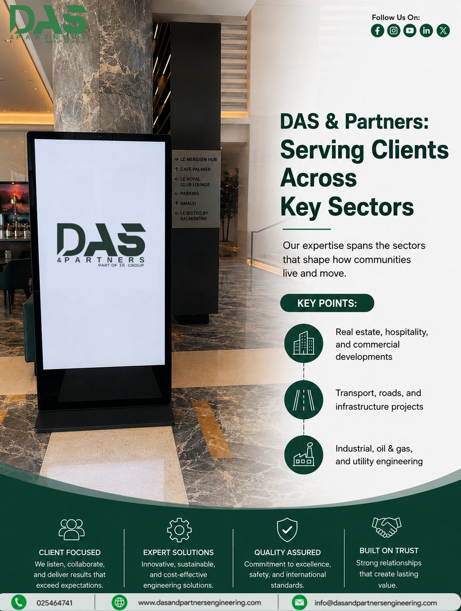 dasandpartners's tweet photo. ๐ฟ ๐ DAS & Partners: Serving Clients Across Key Sectors.
#DASPartners #EngineeringConsultancy #UAEConstruction #TechnicalConsultancy #ArchitectureAndEngineering
#DASandPartners #KeySectors #EngineeringConsultancy #RealEstate #Infrastructure #OilAndGas #AbuDhabi https://t.co/3oEnVRC6Vf