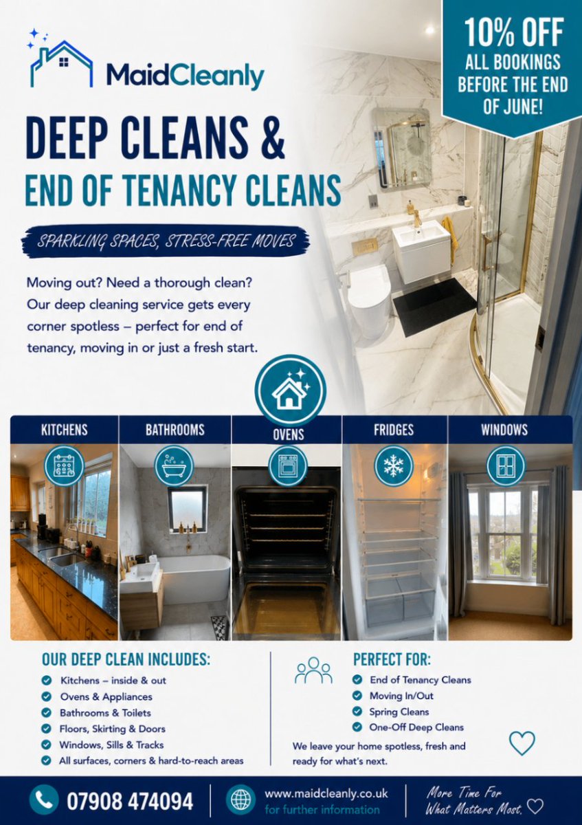 MaidCleanlyLtd's tweet photo. ✨ DEEP CLEANS &amp; END OF TENANCY CLEANS ✨

Moving in Essex? Get your property rent-ready &amp; sparkling! 🏡

🎉 SPECIAL OFFER: 10% OFF all bookings made before 30th June!

📞 07908 474094
🌐 https://t.co/orwpXBhZXj

#MaidCleanly #Essex #Brentwood #Billericay #DeepClean https://t.co/LUnSflkjna