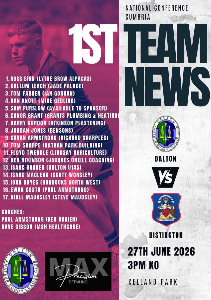 DaltonRugby's tweet photo. 🔴⚫🐉🐉Game Day &amp; Team News 

🏆NCL Cumbria
🆚️ @DistingtonARL
🏟 Kelland Park 
🗓 Sat 27th June
⏰ KO 3pm
Match Sponsor Precision Max Detailing

@bbccumbriasport @13proamrl
@BarrowandDis_RL @WandFCouncil @TheRFL
@Six_Again https://t.co/hHmSwnJ1vY