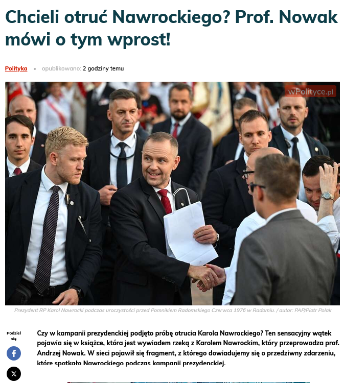 JarekGr1's tweet photo. Przypominam, że mamy tę samą ekipę co podczas Zamachu Smoleńskiego! Uważam, że Karol Nawrocki pełniąc urząd Prezydenta RP, postawił na szali własne życie. Szanujmy to.
"Zaciągnęli czarne zasłony, staliśmy na ulicy. Wyszli wszyscy. Ja tylko położyłem się na tylnym siedzeniu – i straciłem przytomność. I od tego momentu nie pamiętam. Obudziłem się po jakimś czasie. Wszystkie okna zasłonięte. Nade mną stoją bladzi Mikołaj, Jakub i Jarek. W życiu nie miałem czegoś takiego. Autokar, cały garnitur, wszystko –  kompletnie zbryzgane moimi gwałtownymi wymiotami. Wszystko. Oni potem  opowiadali, że nie mogli na to patrzeć. Mówili, że wyglądało to jak fontanna, porównywali to do filmu Egzorcysta – kopałem nogami, rzucało mną, kompulsywnie wymiotowałem. A gdy się obudziłem, to nie wiedziałem, co się wydarzyło przez te kilka minut"
