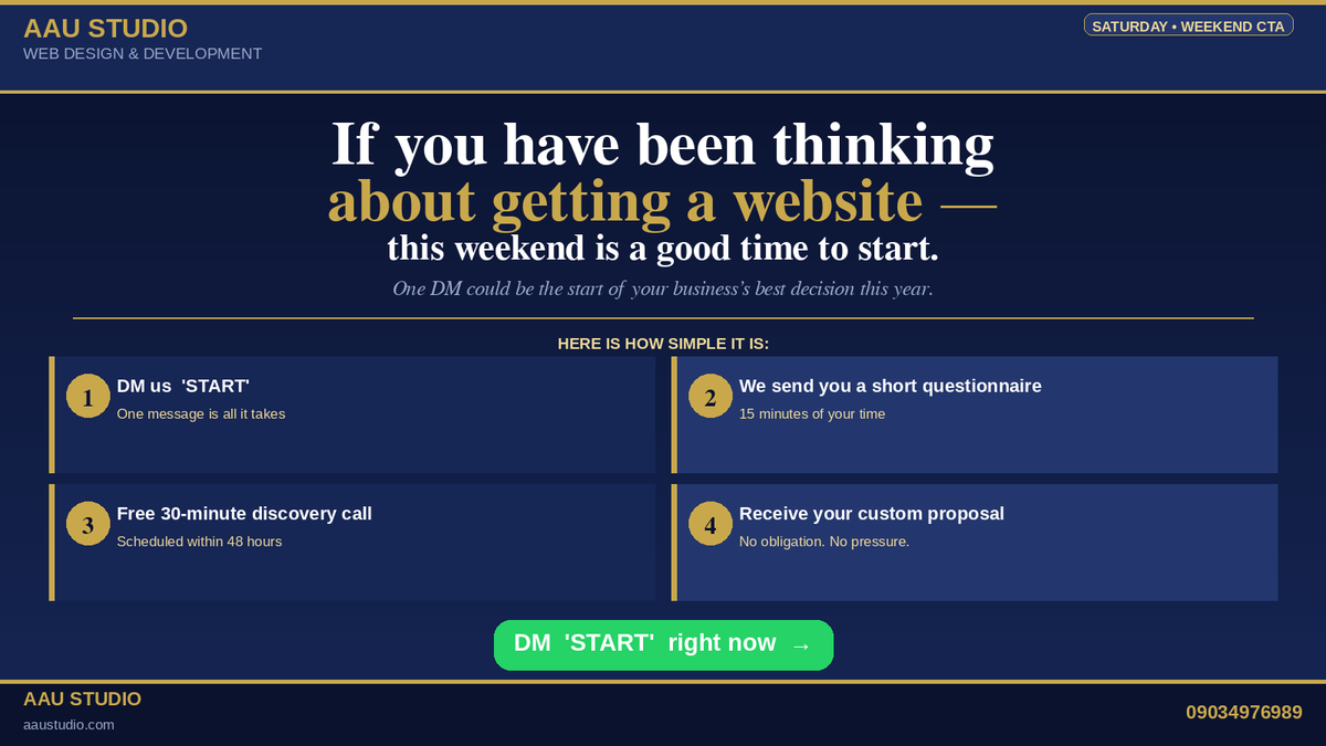 AAUStudio_'s tweet photo. Been thinking about getting a website?
This weekend is a good time to start.

• DM 'START'
• 15-min questionnaire
• Free 30-min call
• Custom proposal — no pressure

One DM. That's it. → https://t.co/6LI8JbcAZv

#AAUStudio #GetAWebsite #WebDesignNigeria https://t.co/LWsMVnPMlG