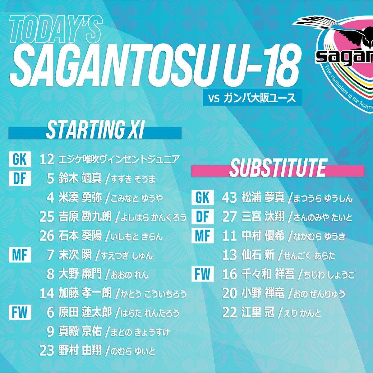 sgnts_u18's tweet photo. 本日の #サガン鳥栖U18 のスタメン！🩵🩷

🏆 #高円宮U18 プレミアリーグ2026 WEST
🆚 #ガンバ大阪ユース
🏟 OFA万博フットボールセンター

2年生 #石本葵陽 が第8節以来のスタメン！

#サガン鳥栖｜#サガン鳥栖U18 https://t.co/pItOT6zjW4
