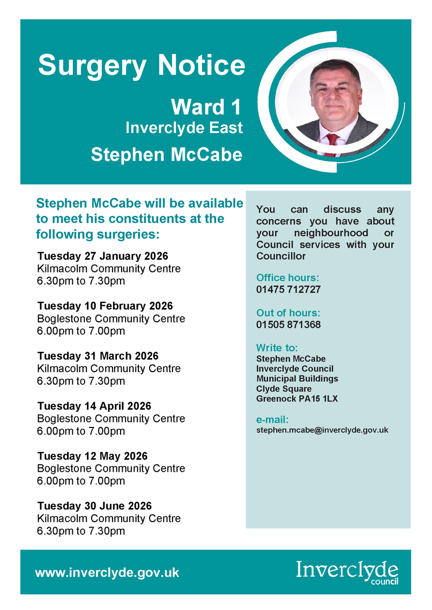 inverclyde's tweet photo. Councillor Stephen McCabe (Ward 1) will be available to meet constituents at the following times: 
https://t.co/1KhXrXaEGA https://t.co/Wz6TFRc5hv