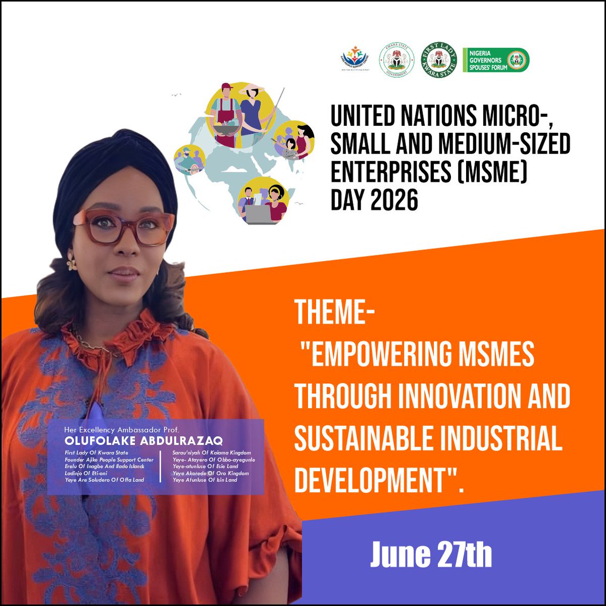 firstladykwara's tweet photo. United Nations Micro-, Small and Medium-sized Enterprises (MSME) Day 2026

June 27th

Theme- "Empowering MSMEs through Innovation and Sustainable Industrial Development".

#microsmallandmediumsizedenterprisesday2026
#empoweringmsmes
#innovationandsustainabledevelopment https://t.co/2seREbJmNF