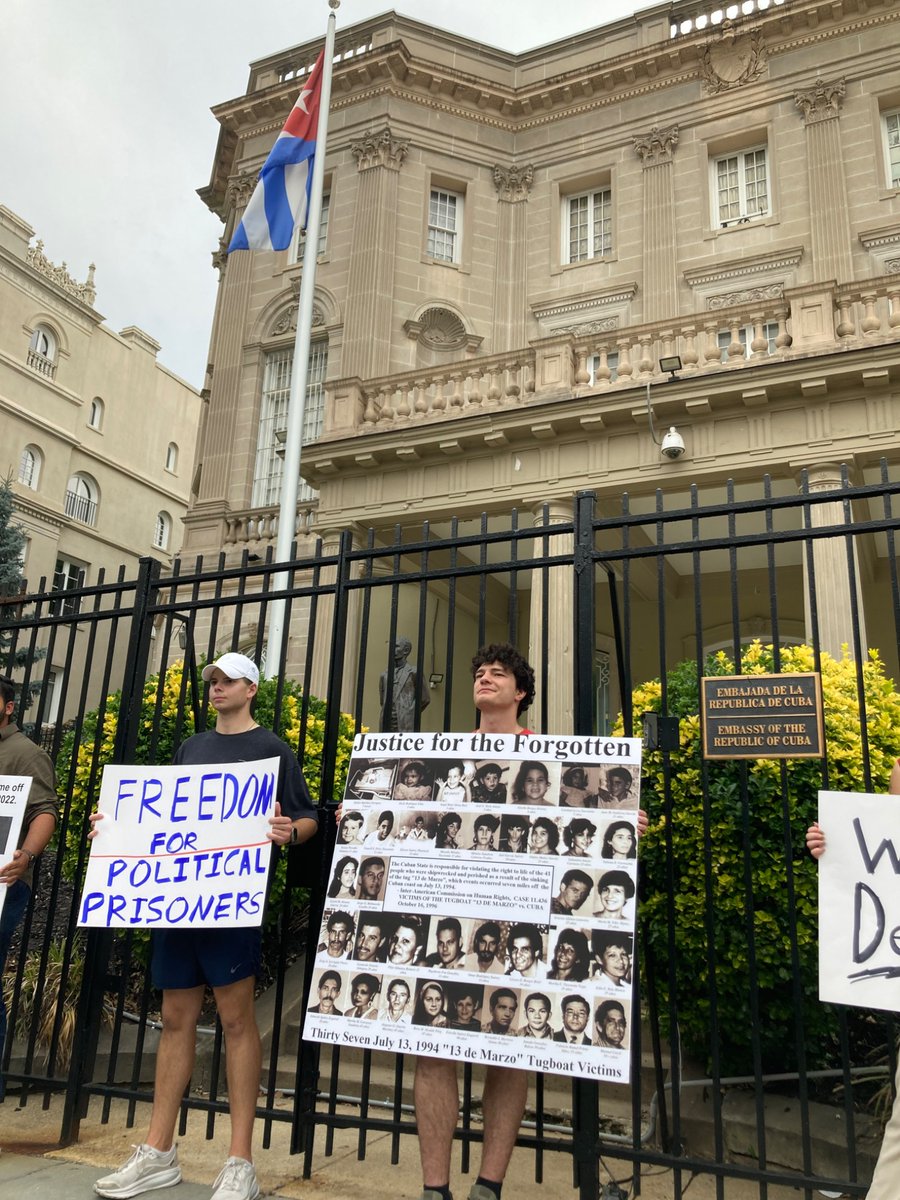 cubacenter's tweet photo. We are at the Cuban Embassy in DC right now to demand freedom for Cuban political prisoners, justice for Cubans murdered by the dictatorship &amp; to remember the day 5 yrs ago when millions of Cubans across #Cuba called for freedom &amp; an end to the regime. #11J https://t.co/4pY6pXh5zL