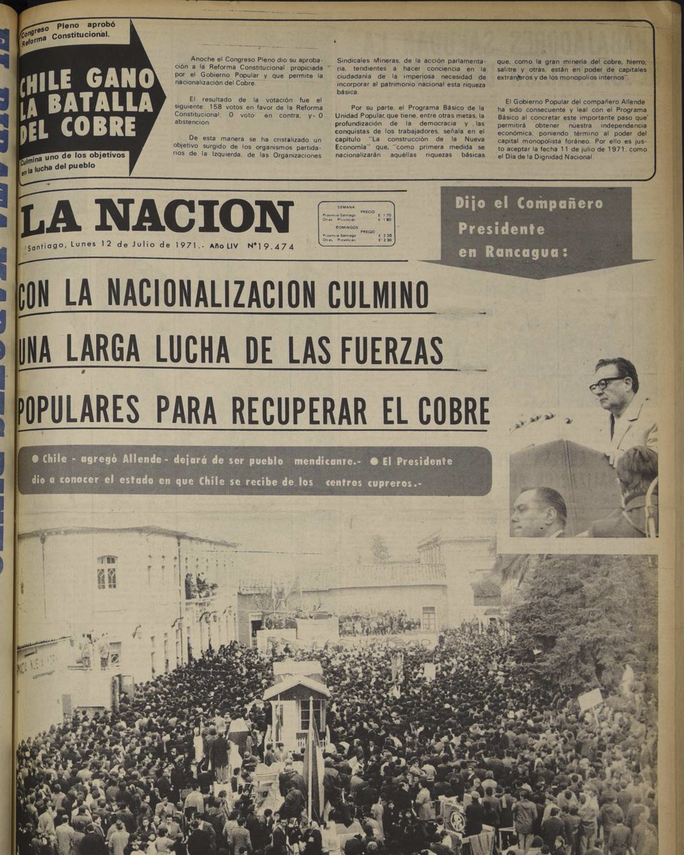 FSAllende's tweet photo. Las portadas del 12 de julio de 1971 inmortalizando el hito de la Nacionalización del Cobre de Chile. https://t.co/ozcDbeesgO
