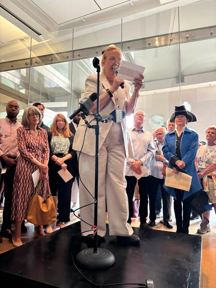 galeabrewer's tweet photo. @galeabrewer New York Historical 250th Anniversary Reenactment on July 9 2026. All of us read a line from the Declaration of Independence, including Judy Collins, Assembly Member Linda Rosenthal, Agnes Tang, Board Chair, and others; then the replica statue of King George III was toppled, smashed! @NYHistory @LindaBRosenthal