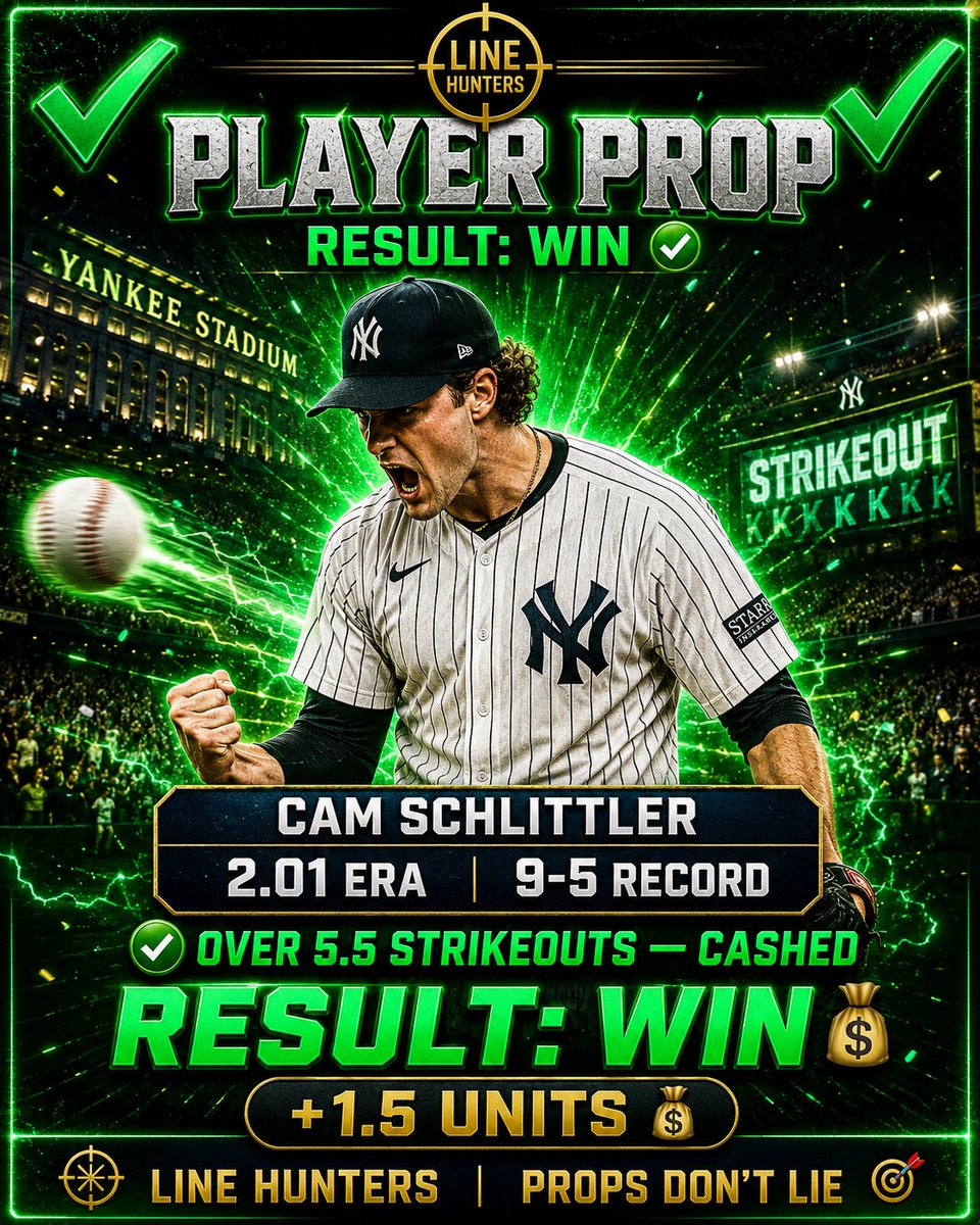 SharpLineHunter's tweet photo. ✅ Cam Schlittler Over 5.5 K's — CASHED
2.01 ERA, 9-5 on the season — this one was never in doubt. Strikeouts came easy vs that lineup. 🎯 +1.5 Units
2-0 on player props Tonight. Line Hunters stay locked in. 🔒
#LineHunters #MLB #PlayerProps https://t.co/GUe766YFPB