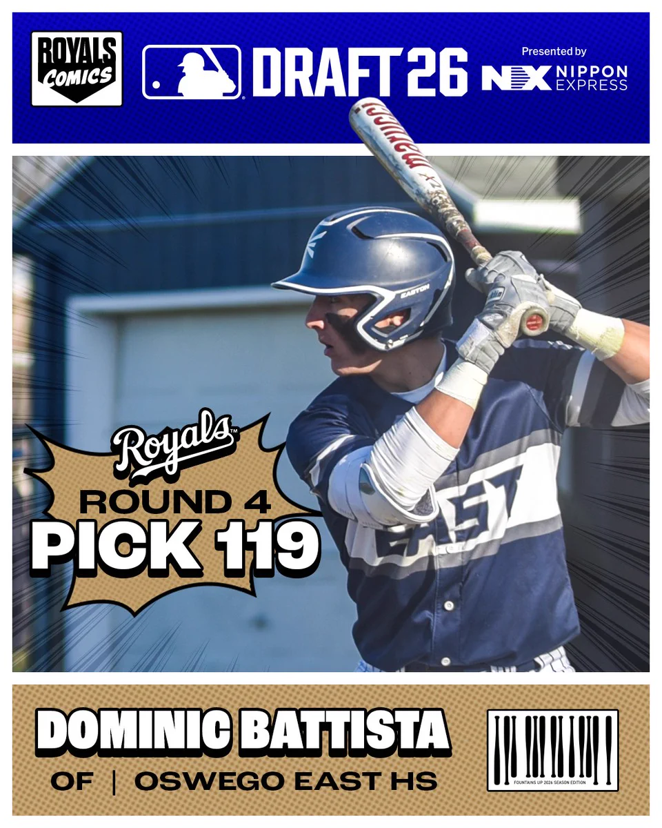 A graphic featuring Dominic Battista in the batters box. Text on the graphic reads, "Royals Round 4, Pick 119, Dominic Battista, OF, Oswego East High School"