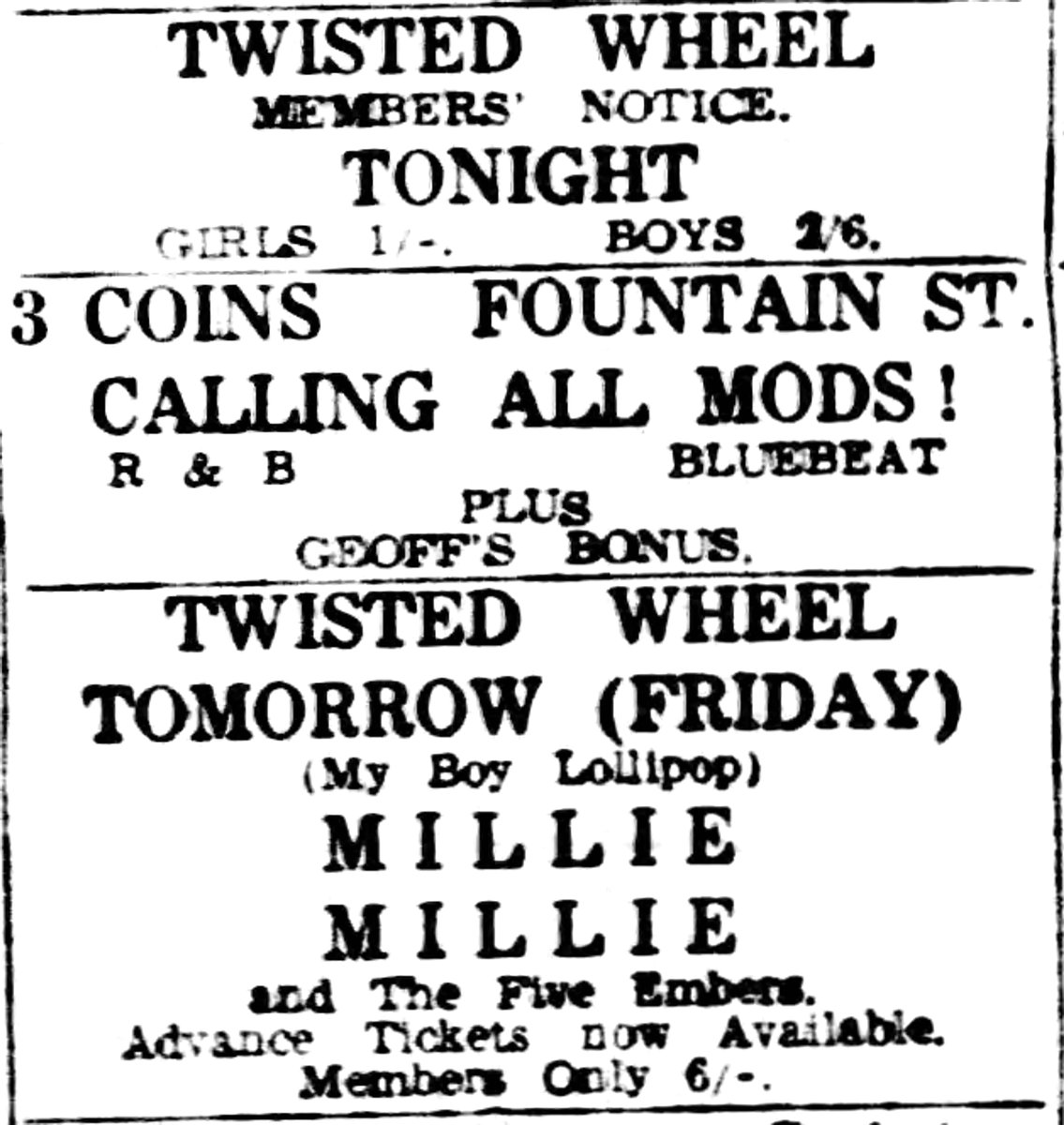 Modern_Peanut's tweet photo. Twisted Wheel club 

...Calling All Mods!, R&amp;B and Bluebeat, Millie 

Manchester Evening News Apr 30 1964 https://t.co/wdS2C5ik4F