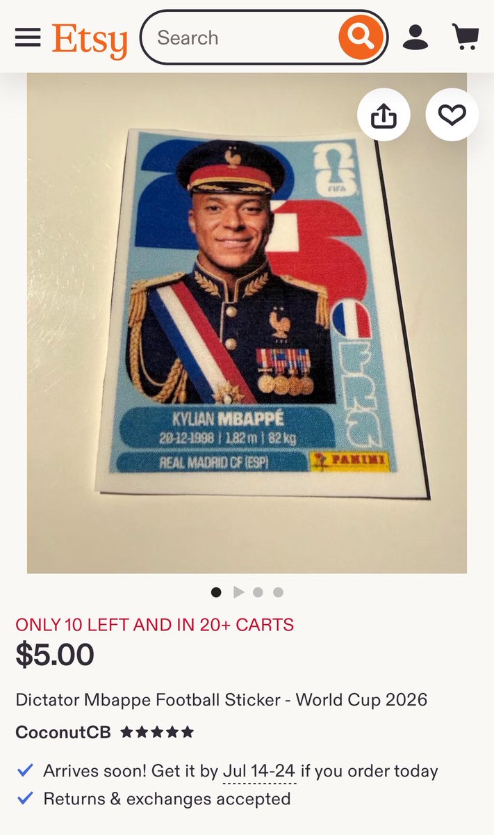 BackupTake2's tweet photo. To show you how far the $mbappe CTO reach is, I found someone who used our panini card meme and turned it into a sticker on Etsy. https://t.co/eqc4fcCcTT