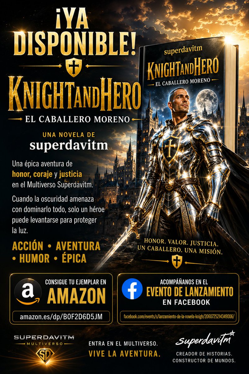 knightandhero's tweet photo. ⚔️ ¡Ya está aquí! ⚔️
"KnightAndHero: El Caballero Moreno", la nueva novela de @superdavitm, ya está disponible en Amazon.
📖 Consigue tu ejemplar:
https://t.co/Rn6paPcuS6

#KnightAndHero #ElCaballeroMoreno #MultiversoSuperdavitm  #AmazonKindle #Lanzamiento #GrandesHéroes https://t.co/8CTcta8Z9S