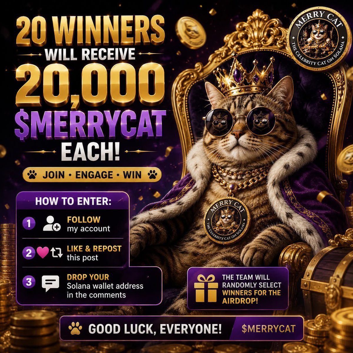 HQuaford's tweet photo. 🎁 🎁 20 winners. 20,000 $merrycat each! 😼

To enter:
🐾 Follow me
❤️ Like &amp; Repost
💬 Drop your Solana wallet in the comments

The $merrycat team will randomly choose the winners.

🍀 Good luck!

CA:
q8gxXxDi4NK6W4NAJkNjwn52DBUgFkK9MazVDMHpump
@merrycat_celeb @very_common_guy https://t.co/2V5YPZYSmp