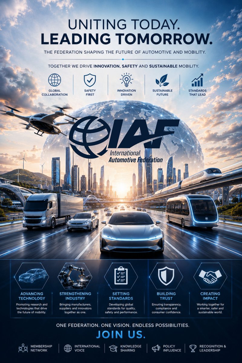 iafautomotive's tweet photo. The future of automotive safety and manufacturing is being shaped today.

From advanced manufacturing and AI-driven quality systems to vehicle safety, testing, certification, and next-generation mobility, the automotive industry is entering a new era.

The International Automotive Federation (IAF) brings together manufacturers, suppliers, testing organizations, technology companies, researchers, and industry professionals who are committed to building a safer, smarter, and more trusted automotive ecosystem.

If you want to help shape future automotive standards, strengthen global collaboration, and contribute to the next generation of mobility, we invite you to become part of IAF.

Join the International Automotive Federation. Together, let's build the future of automotive.

🌐 https://t.co/195a652sLz

#InternationalAutomotiveFederation #IAF #Automotive #AutomotiveIndustry #VehicleSafety #AutomotiveSafety #Manufacturing #SmartManufacturing #Quality #QualityManagement #AutomotiveTesting #Innovation #Mobility #FutureMobility #ElectricVehicles #AutonomousDriving #ArtificialIntelligence #Industry40 #GlobalStandards #Leadership