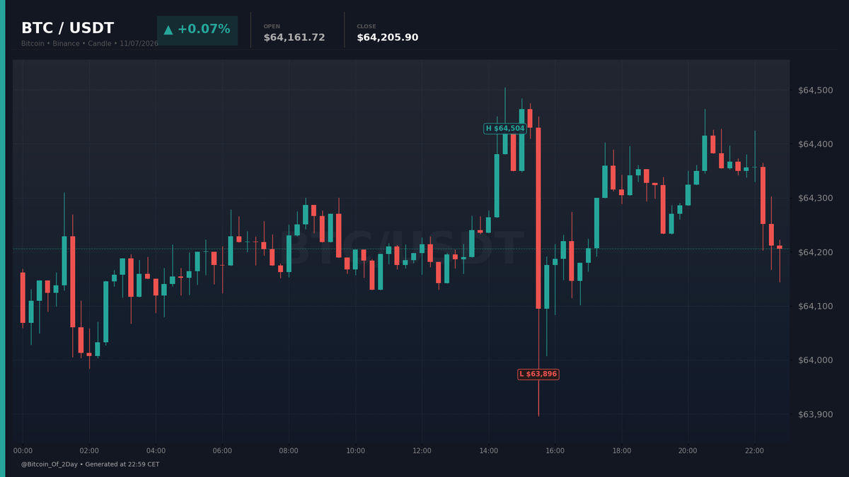 Bitcoin_Of_2Day's tweet photo. 📈 BTC/USDT — 11/07/2026
Open: $64,161.72 | Close: $64,205.90 | +0.07%
Performance of the day 📊

#Bitcoin #BTC #Crypto #Trading https://t.co/5y0Xjmq01y