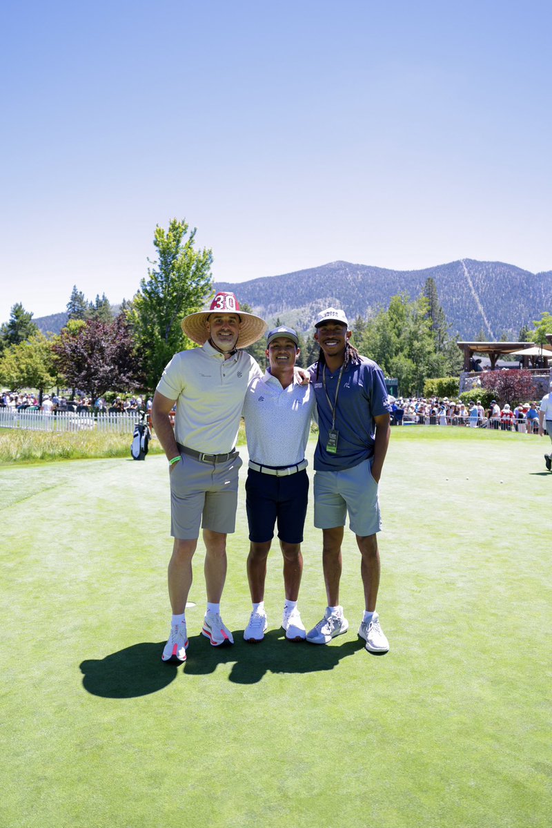 UnderratedGolf's tweet photo. Beyond the course. Beyond the tour. 🤍

Underrated Golf alumni and 2025 Curry Cup winner Jayden Lizama spent some time catching up with JRich and Hampton and caddying for @StephenCurry30 at the American Century Championship in Lake Tahoe. https://t.co/Li4x1m95W8