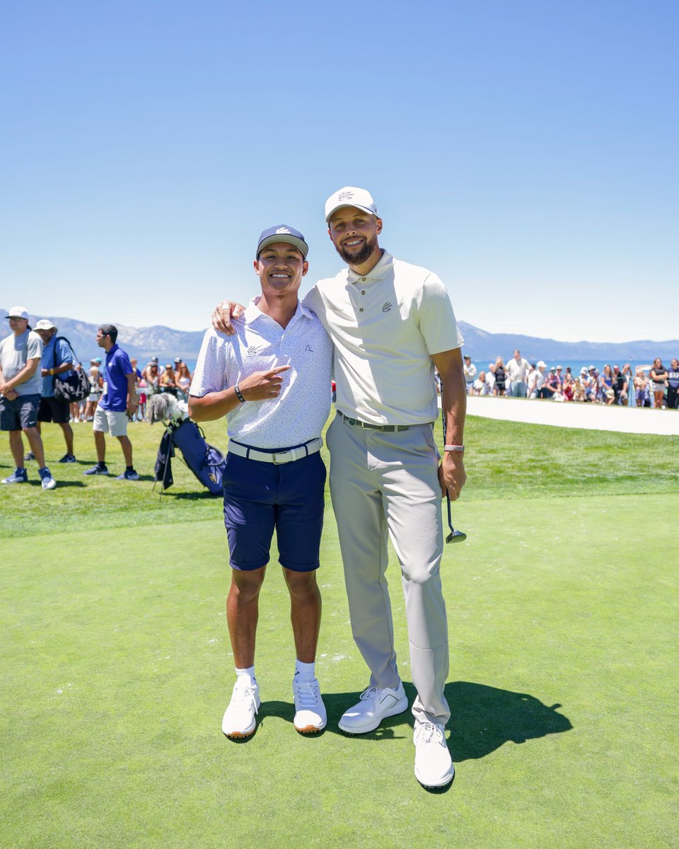 UnderratedGolf's tweet photo. Beyond the course. Beyond the tour. 🤍

Underrated Golf alumni and 2025 Curry Cup winner Jayden Lizama spent some time catching up with JRich and Hampton and caddying for @StephenCurry30 at the American Century Championship in Lake Tahoe. https://t.co/Li4x1m95W8