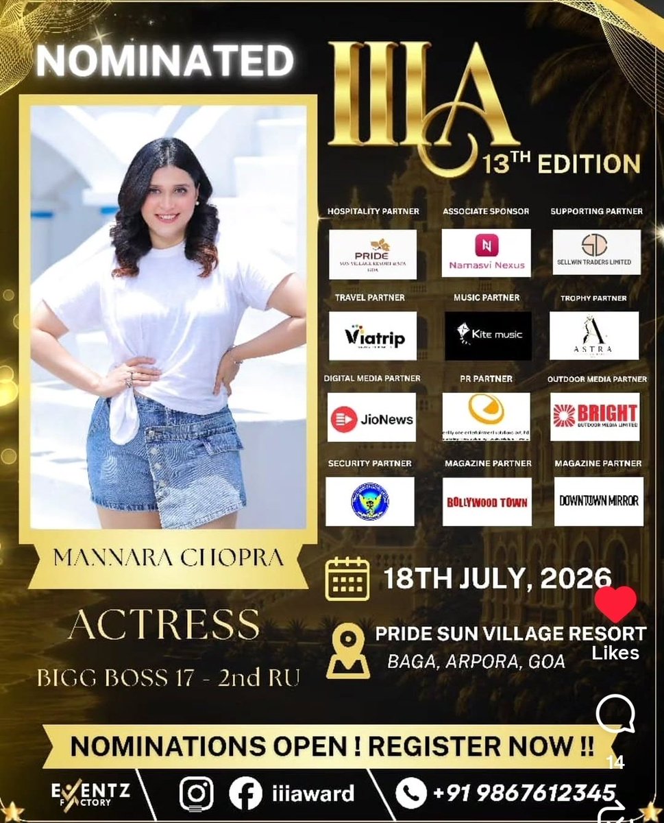 BollyChaska007's tweet photo. Get ready to catch Mannara in Goa, for Asia Fashion Icon &amp; Leadership Awards 2026.
July 18th at Pride Premier.

#MannaraChopra #mannarians @memannara https://t.co/jlz6k3VXzN