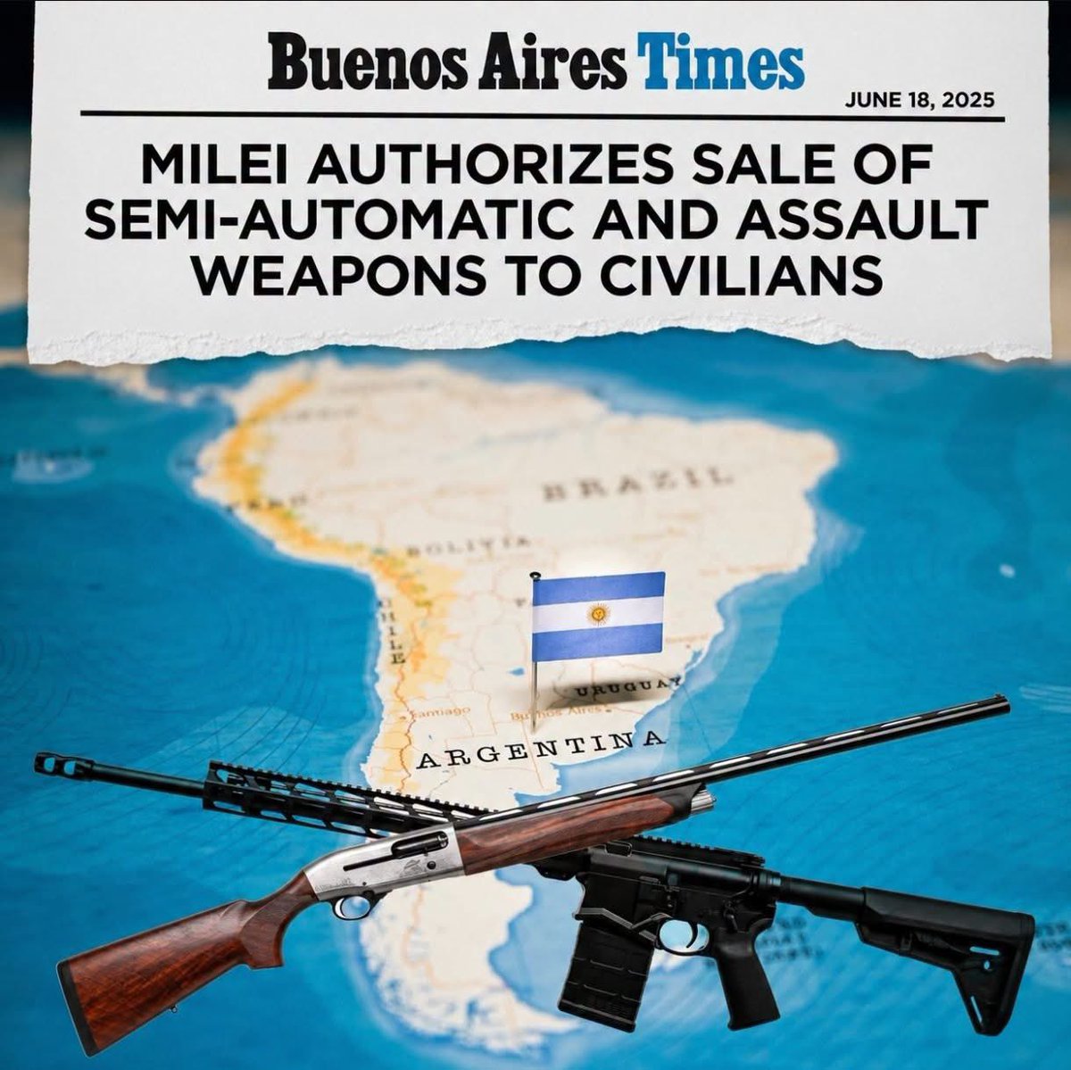 defense_civil25's tweet photo. FREEDOM COMING TO ARGENTINA! 🇦🇷 

“The Argentina government issued a decree authorizing semiautomatic firearms for civilian use, a new step in President Javier Milei’s campaign promise of loosening gun-ownership laws."

The firearms remain heavily regulated, requiring a permit to buy one, but these weapons have been tightly controlled since a 1995 decree banned their sale to civilians, allowing only for rare exceptions explicitly authorized by the Defense Ministry!