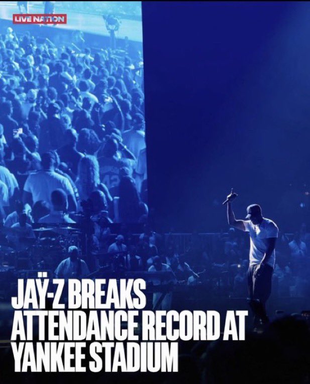 LOVEBACKUPFR24's tweet photo. JAŸ-Z HAS BROKEN THE YANKEE STADIUM ATTENDANCE RECORD

44,916 fans attended night 1.🔥🔥🔥 https://t.co/SeeJPQDhPR