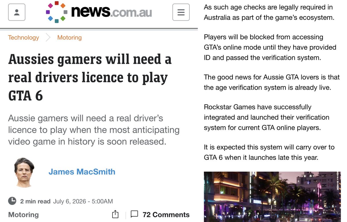 GiveMeBanHammer's tweet photo. Grand Theft Auto 6 being digital only, and now forced ID verification to go along with it? How convenient...

What do I mean?

So presumably for Australians, likely UK and a few other countries that love their privacy-invasi…I mean “Online Safety” laws.

Seems you would be required to upload your ID before you can play GTA6- which as of now is a Single Player game.

The biggest dystopic punchline is that these Australian news media are going “good news everyone, you get to surrender your privacy on day 1 when your code in the box is activated! Aren’t you happy?!”

Its obvious to me the game that’s being played here…GTA6 not having discs with the game in it, so you can’t install it offline, and just so happens since you have to download the game, you are required to submit your ID before the game can be played or even downloaded for that matter.

Even if these two decisions are unrelated (doubt) - being digital only, certainly makes it way easier for ID verification demands to be imposed on everyone who bought GTA6, convenient isn’t it?