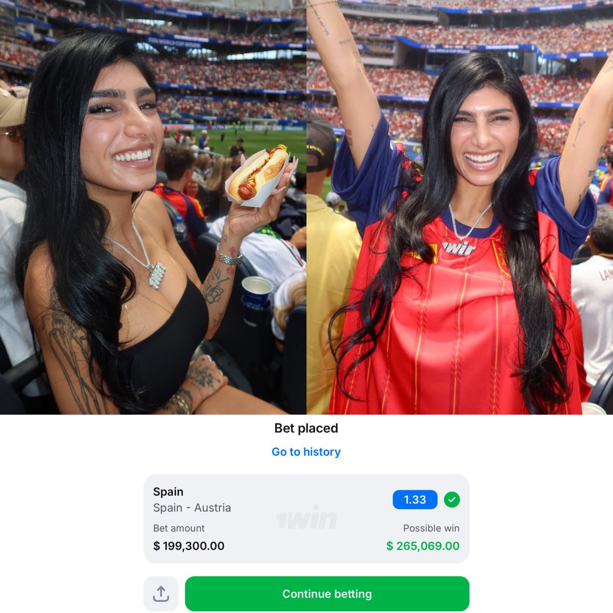 FichajeGoleador's tweet photo. 🚨 GANADORA: Mia Khalifa, apareció en el estadio y todos en las redes se volvieron locos. ¿El detalle? Disfrutando de los privilegios de ser VIO en 1WIN, y con su cadena exclusiva. Apostó US 200.000 por 🇪🇸 España, y terminó ganando. @1winPro 😮‍💨💰✨ https://t.co/InDsqVXaWQ