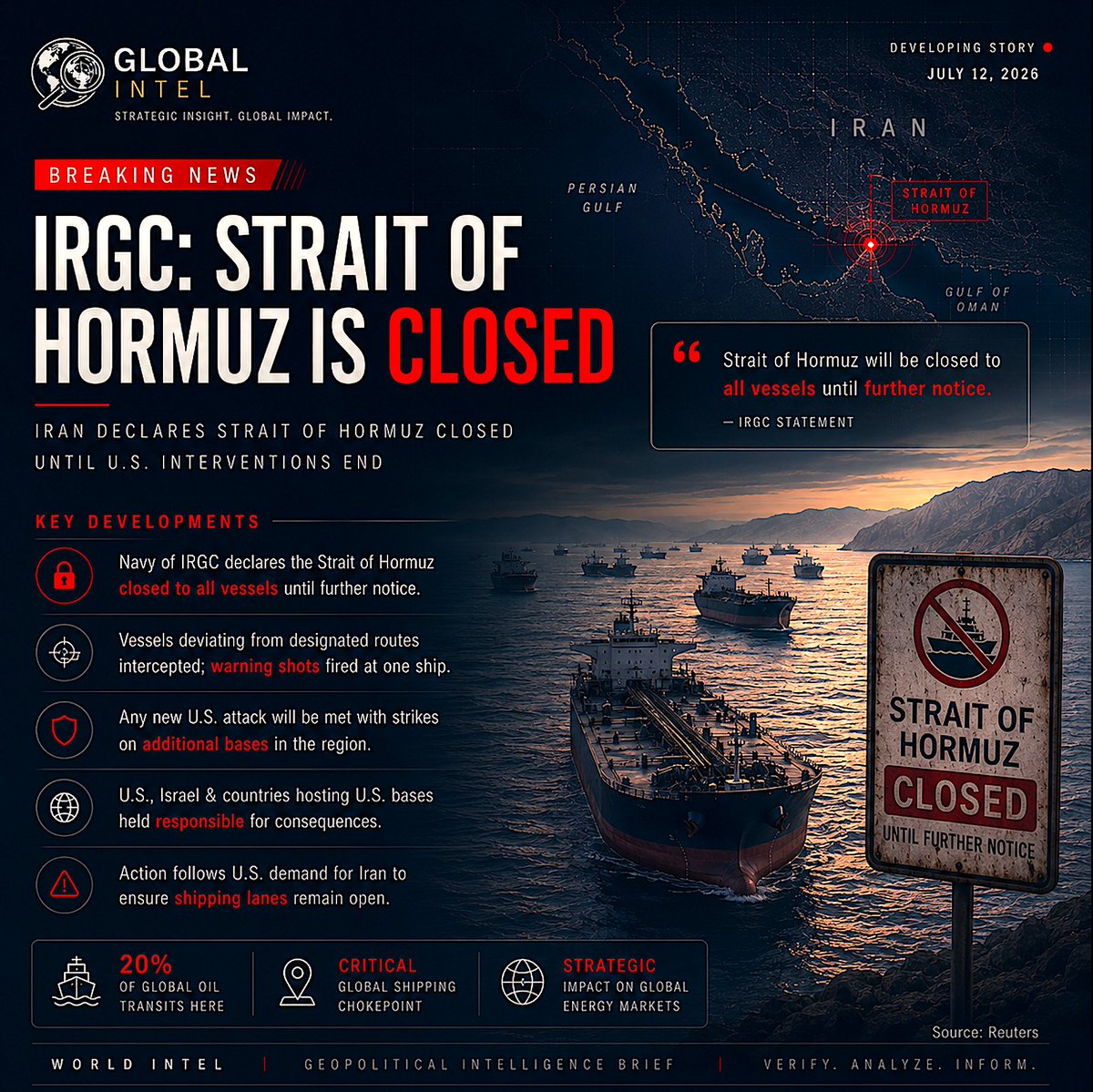 worldintel_'s tweet photo. 🚨BREAKING: Iran's IRGC says the Strait of Hormuz is closed until further notice, marking one of the most consequential developments for global shipping and regional security.
Strategic waterways. Escalating tensions.
#WorldIntel #Iran #StraitOfHormuz #MiddleEast #Geopolitics https://t.co/rdszIylLJU