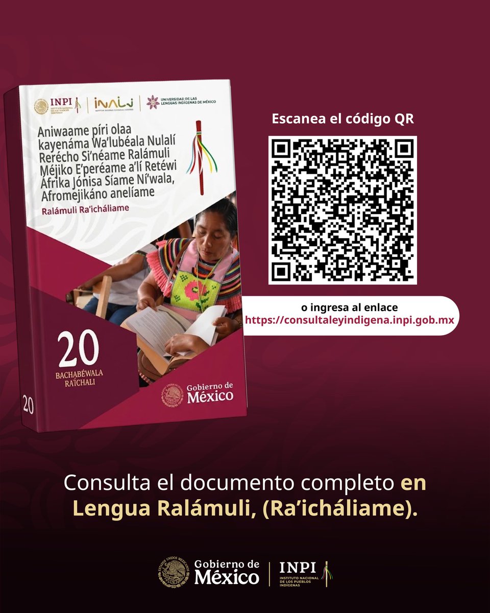 INPImx's tweet photo. Como parte de las acciones para garantizar una participación informada, compartimos la versión en lengua Ralámuli (Ra’ichálíame) del documento “20 puntos de la Propuesta de Iniciativa de Ley General de Derechos de los Pueblos Indígenas y Afromexicanos”, que presenta de manera accesible los aspectos esenciales de esta iniciativa.

📖 Consúltalo aquí:
🌐 https://t.co/LyHcDPtxSz

#ConsultaLeyIndígena
