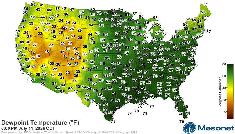 CC_StormWatch's tweet photo. The highest dew point in the CONUS right now? It's in the far, far northern tier in Pembina, ND (81), right on the Canadian border. The Red River Valley has enormous corn sweat, boosting the humidity compared to surrounding regions. #NDwx https://t.co/Px6SEAsO4K