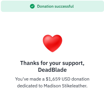 ThatDeadBlade's tweet photo. Thank you all SO much for coming to watch today's stream! We managed to raise over $1.6K/£1.2K! I am honestly speechless😅

Thank you to all who donated! (MASSIVE shout out to @SoGrizzy for the £1000 donation)

TILL NEXT TIME! https://t.co/wK2RLvNaiR