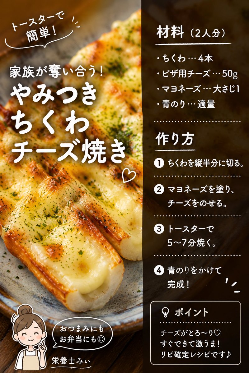natty03241231's tweet photo. ＼100円台で家族が奪い合う😆／

やみつきちくわチーズ焼き🧀

昨夜のつまみでした（笑）🍺

あと1品ほしい日にこれ！
トースターにおまかせで完成するから、
忙しい日にもぴったり✨

【材料】
・ちくわ…4本
・ピザ用チーズ…50g
・マヨネーズ…大さじ1
・青のり…適量

【作り方】
①ちくわを縦半分に切る
②マヨネーズを塗ってチーズをのせる
③トースターで5〜7分焼く
④青のりをかけたら完成！

チーズがとろ〜り🤤
おつまみにも、お弁当にも、子どものおやつにも大人気です💕