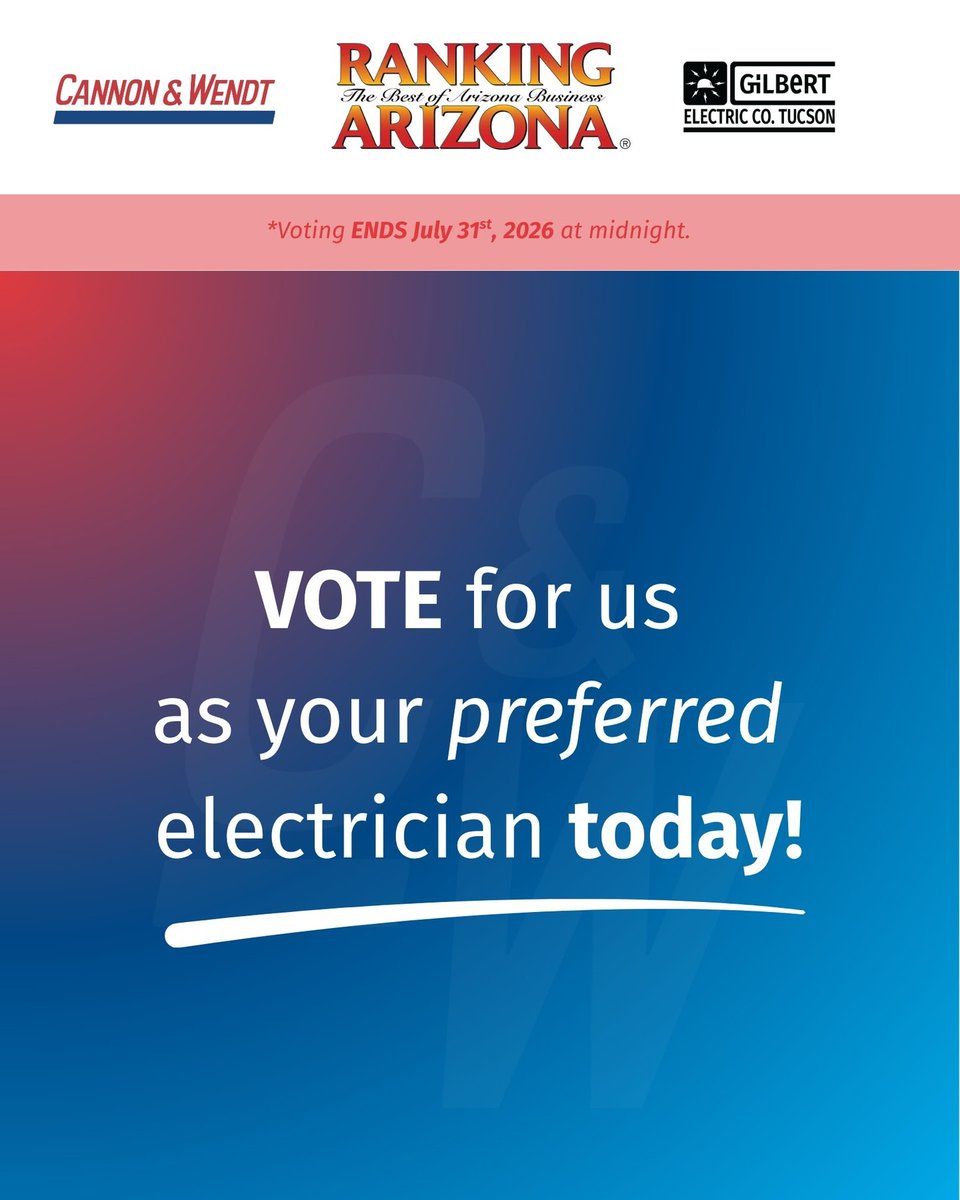 WendtCannon's tweet photo. Help us power Cannon &amp; Wendt to the top spot in Ranking Arizona! Voting takes 30 seconds:

1️⃣ Head to https://t.co/2ot6Z7mJoh
2️⃣Find us under Commercial Real Estate, Electrical Contractor.
3️⃣Vote before the July 31st deadline! https://t.co/XpmzsGPXHV