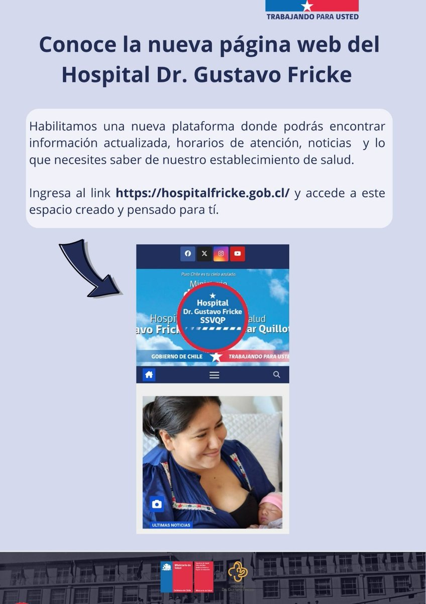 Hospitalfricke's tweet photo. 🏥 Conoce la nueva página web del Hospital Dr. Gustavo Fricke 📲 En esta nueva plataforma podrás encontrar información actualizada, noticias y acceder a la intranet.

Ingresa en el link https://t.co/To5ohA7LYT 👈🏼 https://t.co/rj1SfD0etm