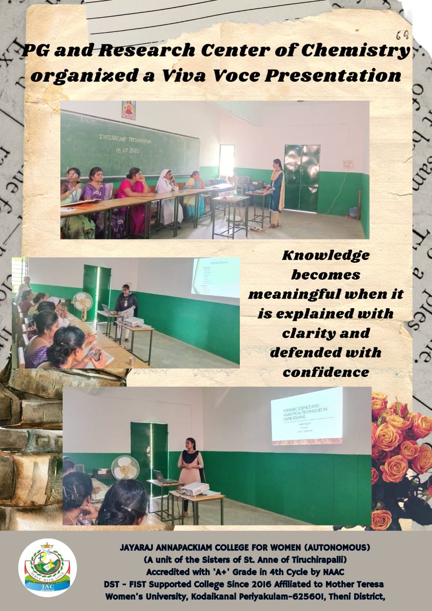 JayarajFor's tweet photo. PG and Research Center of Chemistry organized a Viva Voce Presentation for internship for PG students on 06.07.2026
#jayarajannapackiamcollegeforwomenautonomous #JAC #college #clg https://t.co/JftBA2Yt7U