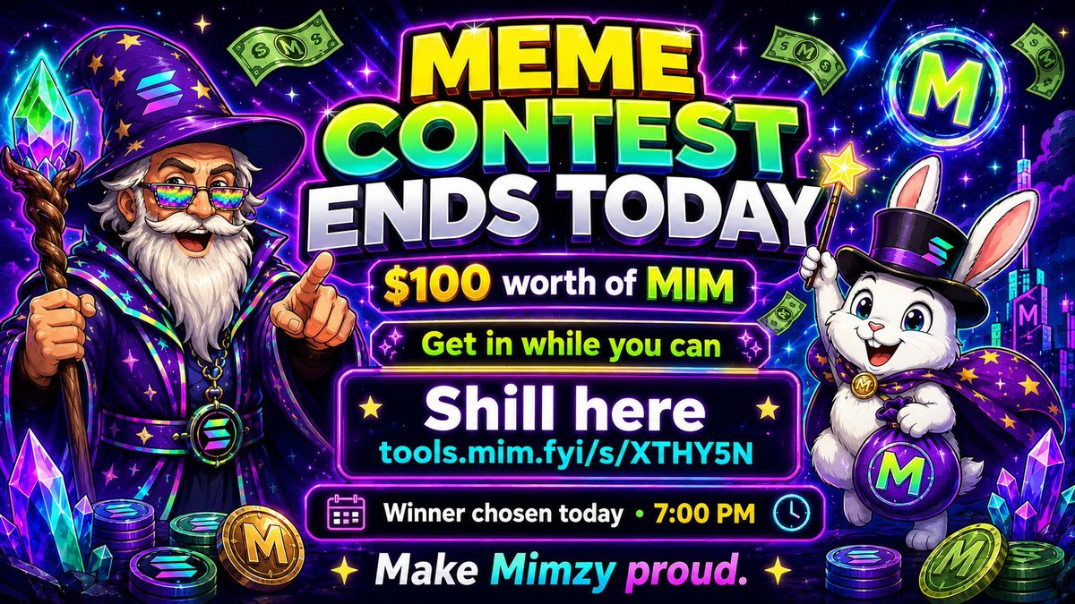 mimcoin's tweet photo. MEME CONTEST ENDS TODAY 🧙‍♂️🐇

$100 worth of $MIM goes to whoever makes the funniest shit.

You got until 7:00PM (4 more hours) today before the Archmage closes the meme cauldron and chooses a winner.

Get in while you can.

Submit here:
https://t.co/HOP4gThEvZ

Make Mimzy proud. https://t.co/4bvqXbMnl6