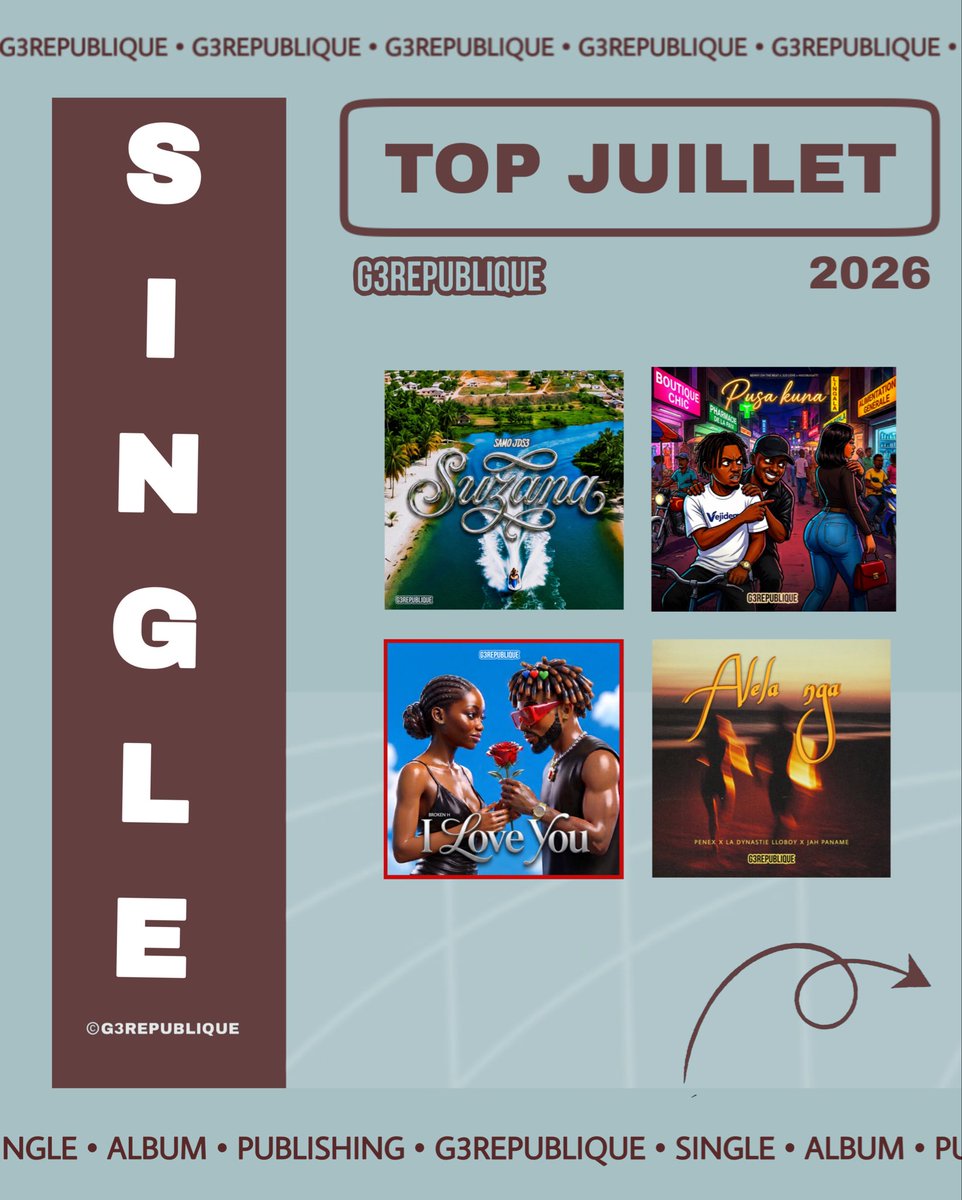 g3universal's tweet photo. 🔥 Top Juillet 2026 – G3REPUBLIQUE
Découvrez les singles incontournables qui marquent ce mois de juillet chez G3REPUBLIQUE. Voici la sélection des titres du moment :
• ⁠lloboy - lelo 

Ne manquez pas ces nouveautés ! Quelle chanson allez-vous écouter en boucle ce mois-ci ? https://t.co/gj5zkxhg9R