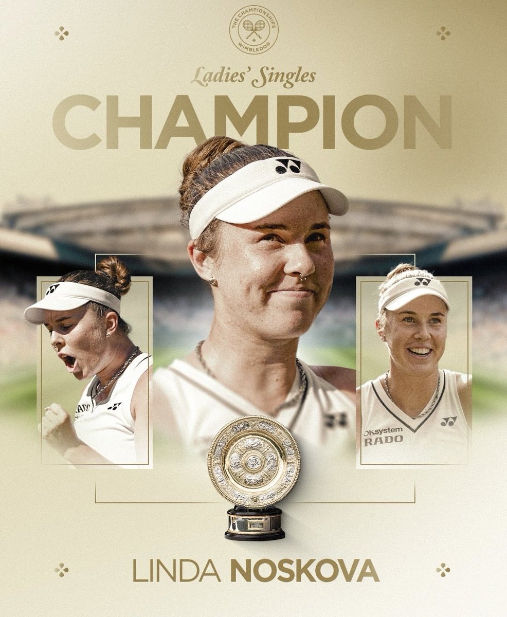 CarolRadull's tweet photo. Linda Noskova is the 2026 Wimbledon champion! 

She defeated Karolina Muchova in three sets (6-2, 5-7, 6-3)

A first Grand Slam title! 🙌🏽👏🏽 https://t.co/nmxeHpeiVC