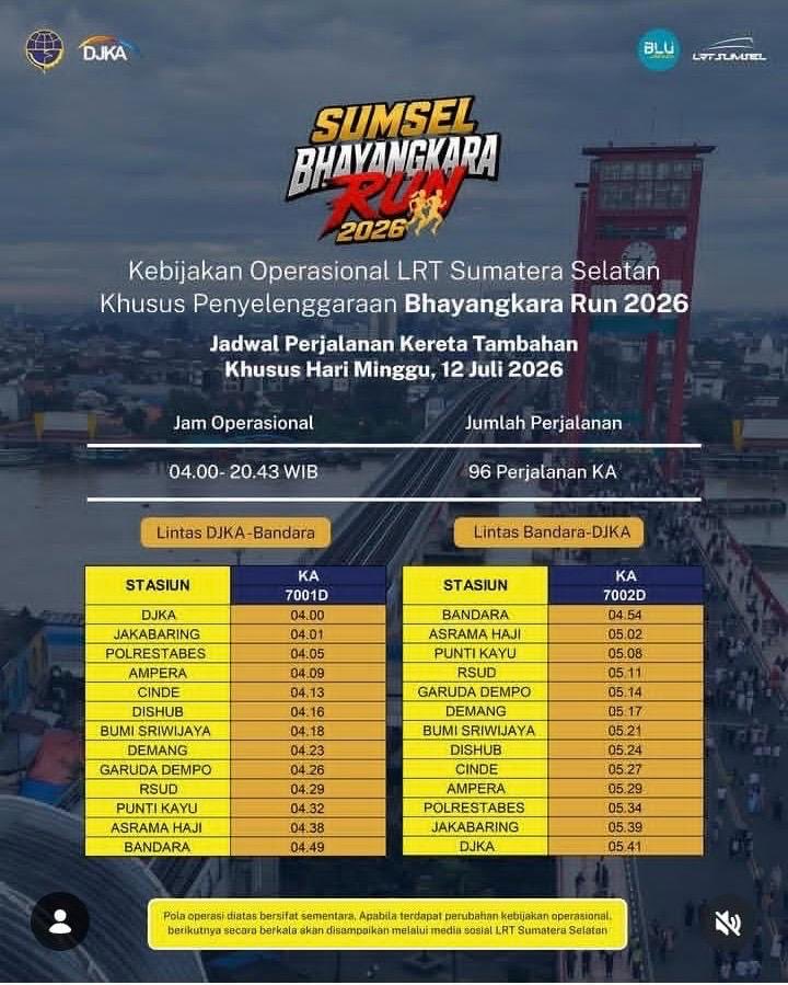 RSbhyPLG's tweet photo. Dulur presisi diinformasikan kebijakan operasional LRT Sumatera Selatan Khusus penyelenggaraan Sumsel Bhayangkara Run 2026, jadwal perjalanan Kereta tambahan Khusus Hari minggu, 12 Juli 2026. https://t.co/XKMeWPbEGn