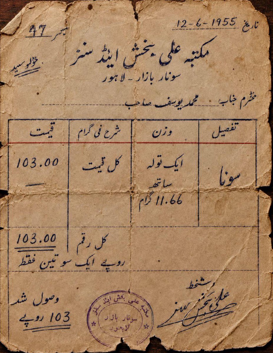 uzimaliaw's tweet photo. 1955 کی یہ رسید دیکھ کر دل حیران رہ جاتا ہے۔
اس وقت ایک تولہ سونا صرف 103 روپے میں خریدا جا سکتا تھا، اور آج ایک تولہ سونے کی قیمت ساڑھے چار لاکھ روپے کے قریب پہنچ چکی ہے۔
وقت کیسے بدل جاتا ہے، قیمتیں کیسے آسمان کو چھو لیتی ہیں، اور انسان صرف پرانی یادوں کو دیکھ کر یہی کہتا ہے: https://t.co/KKzVdSLuuM