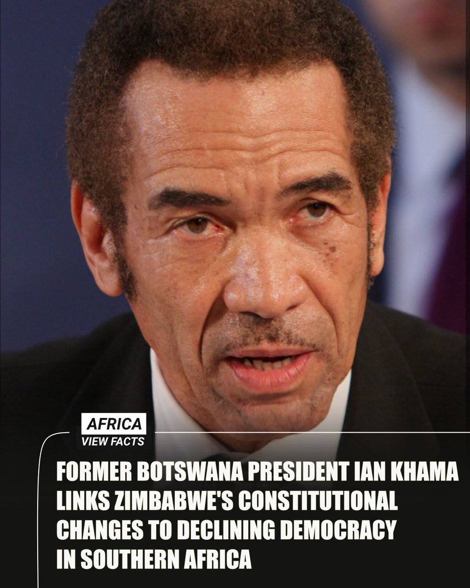 AfricaViewFacts's tweet photo. Former Botswana 🇧🇼 President Ian Khama has strongly criticized Zimbabwe's 🇿🇼 Constitutional Amendment Bill No. 3, accusing President Emmerson Mnangagwa of amending the constitution to extend his tenure in office. 

Khama argued that the legislation places Zimbabwe among African countries where leaders remain in power through constitutional changes. 

He also disclosed that two independent sources had warned him of an alleged assassination plot linked to his remarks. 

Khama further argued that democracy is deteriorating across the SADC region, citing Mozambique 🇲🇿, Zimbabwe 🇿🇼, and Tanzania 🇹🇿 as examples. 

The bill, which extends presidential terms, passed in June 2026 and was recently signed into law.