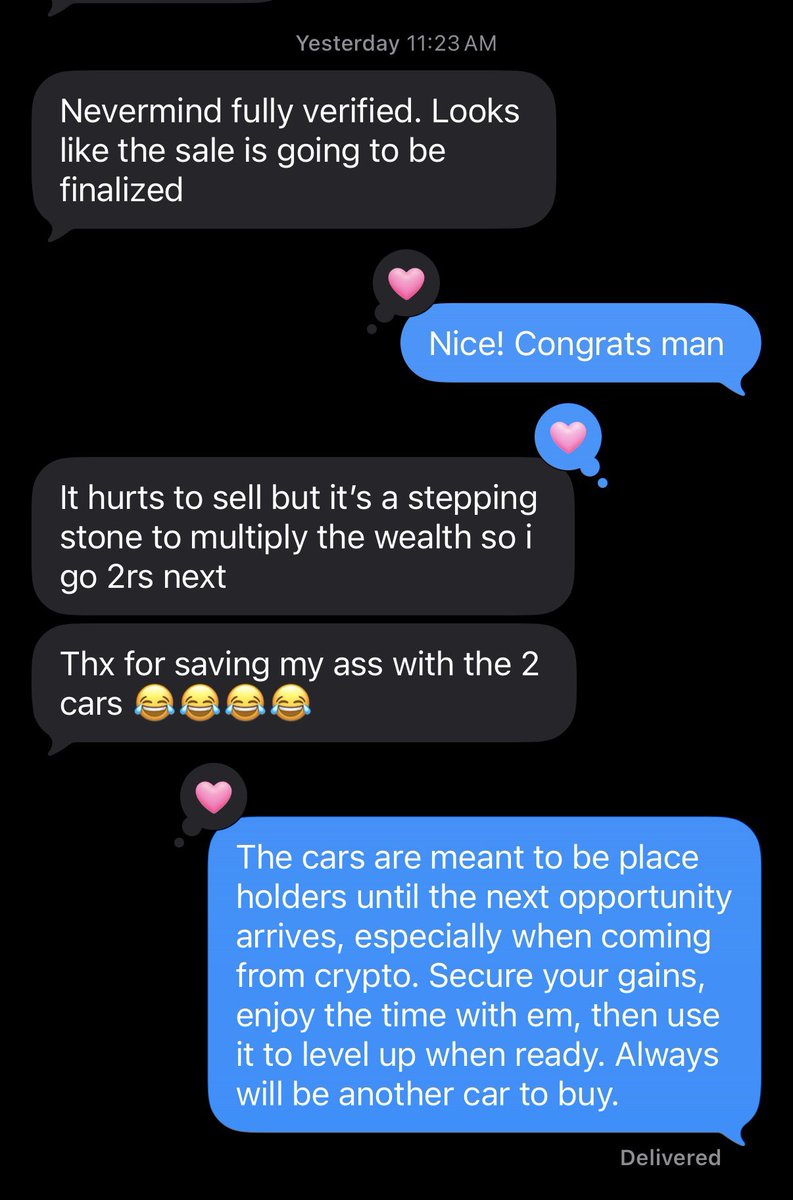 BrenzGarage's tweet photo. A lot of my clients over the years have been the younger generation. Guys that made a significant amount of money in the digital space but they are new too it. All digital wealth with no foundation of investing in the real world. 

Expected at such young ages. 

The average individual sees cars as a waste of capital, not proper investing. You’re missing the point. If these guys didn’t take their money and put it into watches with @watchking69 or cars with myself or any of the others, many would have stayed in the casino until the casino won. 

I know this because I was 18 in this space at one time and I round tripped multiple 7 figures with multiple cycles. 

They buy these assets and even if they depreciate a bit, it will never be as bad as the crash that follows every cycle. 

Now in the bear market when the rest of the port is almost gone, what stands? These assets that they were told aren’t smart. 

Now they can liquidate them with the new realization of how fast our portfolios can disappear and use it with the new outlook to make real world investments and be a little more cautious with the funds. 

I absolutely love seeing texts like this from clients because I know if I had done this when I was younger I would have been set long long ago.