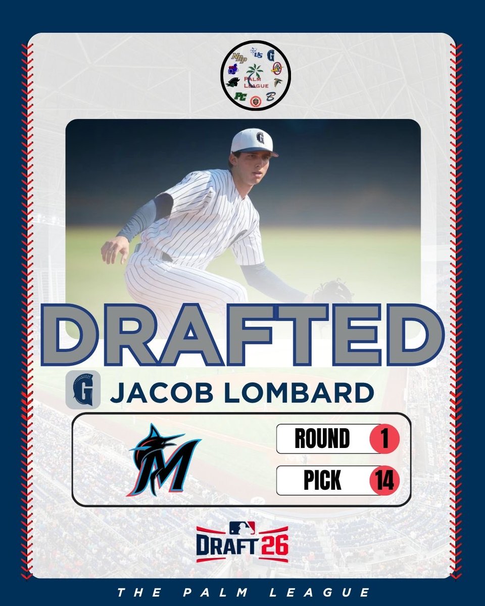 PalmLeague's tweet photo. 𝑴𝒊𝒂𝒎𝒊’𝒔 𝑵𝒆𝒙𝒕 𝑯𝒐𝒎𝒆𝒕𝒐𝒘𝒏 𝑺𝒕𝒂𝒓 🌴

Congratulations to Gulliver Preparatory School’s Jacob Lombard on being selected in the 2026 MLB Draft! 

#ThePalmLeague x #Draft26 https://t.co/TdPaV14zAE