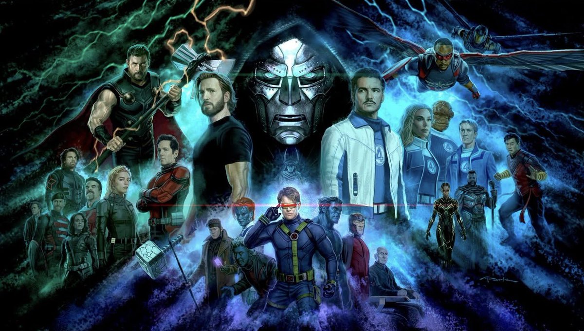 MCU_Portal's tweet photo. An HD version of the official #AvengersDoomsday concept art Kevin Feige revealed at the Shanghai Expo!

From left to right:

- Thunderbolts aka The New Avengers
- Thor with Stormbreaker
- Ant-Man
- Steve Rogers with shattered Mjolnir
- Doctor Doom 
- Loki just under Doctor Doom
- X-Men
- The Fantastic Four
- Sam Wilson/Captain America and Joaquin Torres/Falcon
- Shuri/Black Panther and M’Baku
- Shang-Chi

Credit: @andyparkart