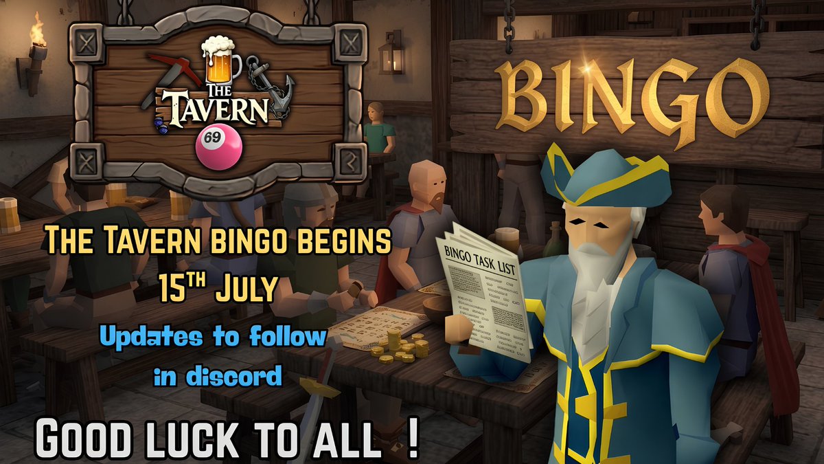 TheTavernOSRS's tweet photo. Our first Monthly Bingo event is starting in the next few days! Get ready for an action packed event full of excitement and potential rewards! sign-ups / buy ins are open until the 15th so dont delay! https://t.co/V6QqPCQhbY