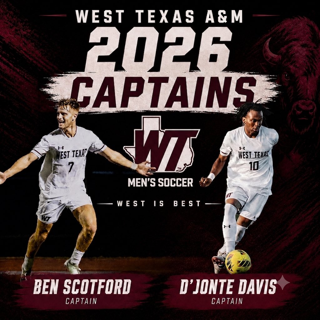 WTAMU_Soccer's tweet photo. Introducing our 2026 fall season captains, Ben Scotford and D’Jonte Davis! #bufffútbol #ncaasoccer #wtamubuffs #wtamu https://t.co/gQW8vvNn2c