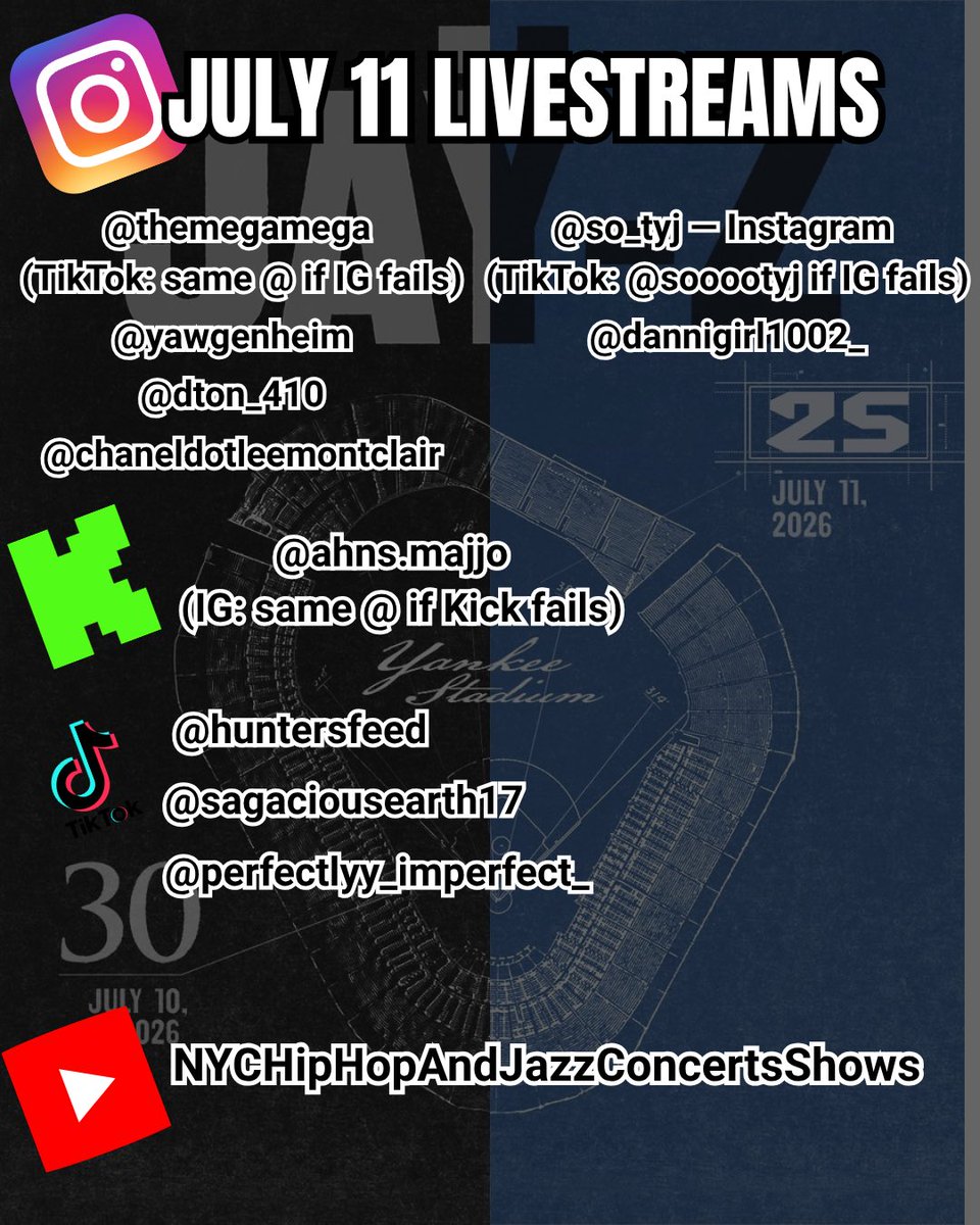 holahovitaaa's tweet photo. 🚨LIST OF ACCOUNTS GOING LIVE FOR JAŸ-Z’S CONCERT (JULY 11)🚨

A thank you to everyone who volunteered to livestream these historic shows for fans who can’t be there! Hoping everything goes smoothly. 🙏🏾 https://t.co/rwaNvucFtx