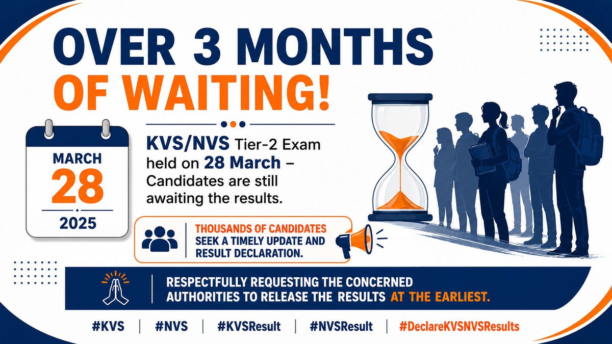 ashil_chaudhary's tweet photo. Over 3 months have passed since the KVS/NVS Tier-2 Exam held on 28 March, yet candidates are still waiting for the results. The prolonged delay is causing uncertainty and affecting career planning.
@KVS_HQ @NVS_HQ
@cbseindia29   @EduMinOfIndia
 #KVSResult #DeclareKVSNVSResults https://t.co/KutFWldL5X
